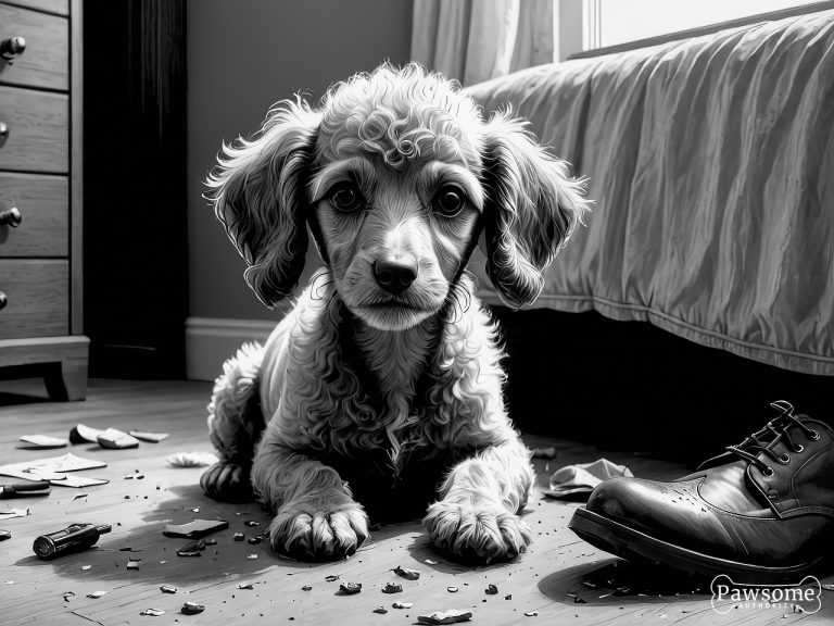 A grayscale illustration of a mischievous Miniature Poodle puppy chewing shoes and various household items in a bedroom.