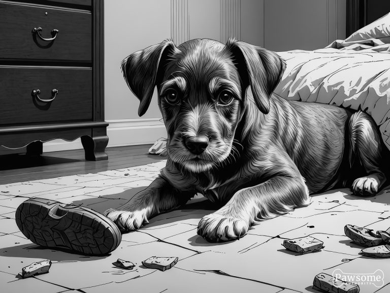 A grayscale illustration of a mischievous Miniature Schnauzer puppy chewing shoes and various household items in a bedroom.