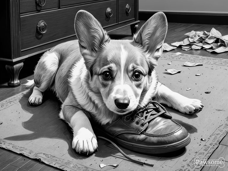 A grayscale illustration of a mischievous Pembroke Welsh Corgi puppy chewing shoes and various household items in a bedroom.