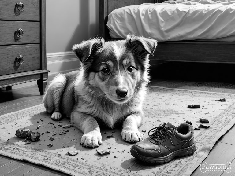 A grayscale illustration of a mischievous Shetland Sheepdog puppy chewing shoes and various household items in a bedroom.