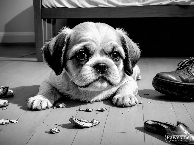 A grayscale illustration of a mischievous Shih Tzu puppy chewing shoes and various household items in a bedroom.