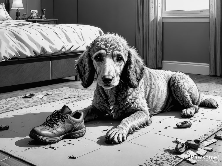 A grayscale illustration of a mischievous Standard Poodle puppy chewing shoes and various household items in a bedroom.