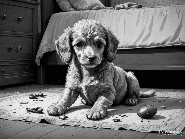 A grayscale illustration of a mischievous Toy Poodle puppy chewing shoes and various household items in a bedroom.