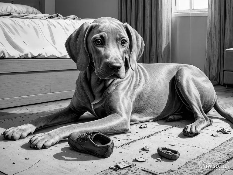 A grayscale illustration of a mischievous Weimaraner puppy chewing shoes and various household items in a bedroom.