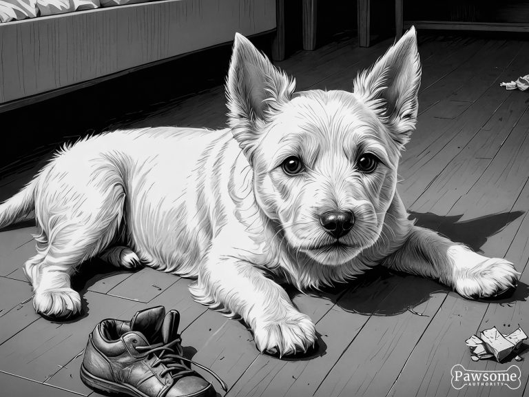 A grayscale illustration of a mischievous West Highland White Terrier puppy chewing shoes and various household items in a bedroom.