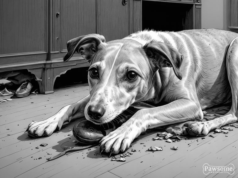 A grayscale illustration of a mischievous Whippet puppy chewing shoes and various household items in a bedroom.
