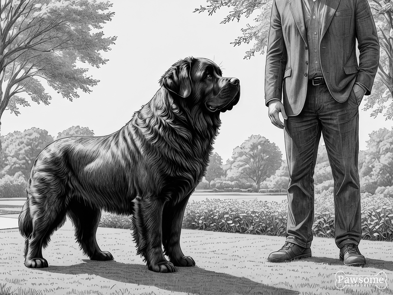 A grayscale illustration of a Newfoundland beside its owner during an obedience training session in a yard on a sunny day.