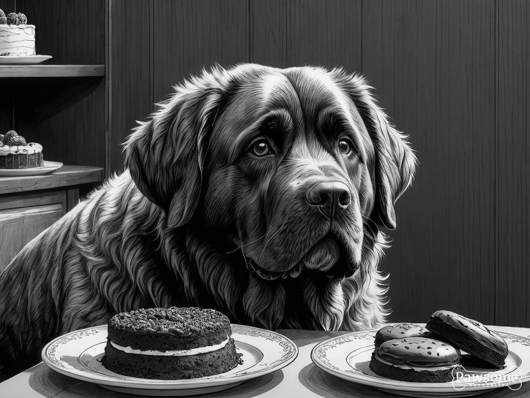 A grayscale illustration of a Newfoundland demonstrating focus and impulse control in the presence of delectable sweets.