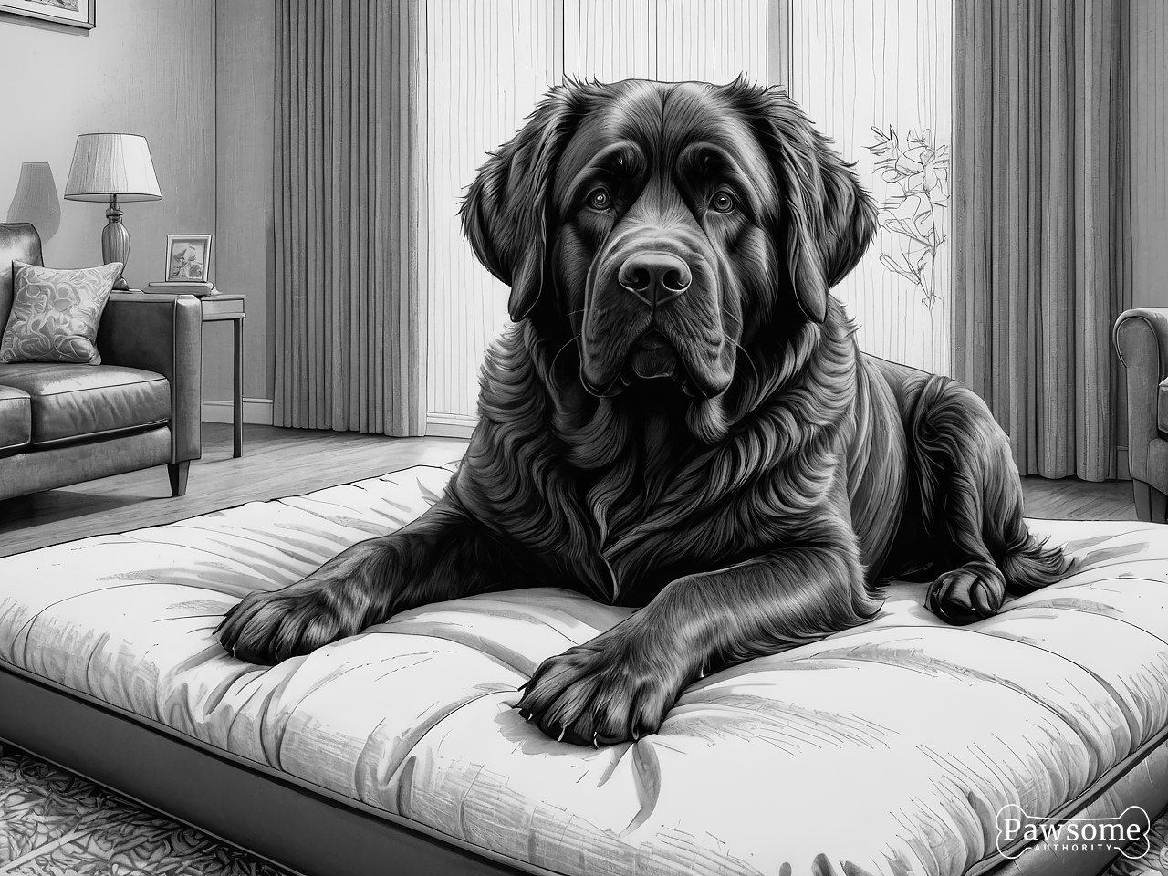 A grayscale illustration of a Newfoundland lying on a dog bed in a living room looking at the viewer.