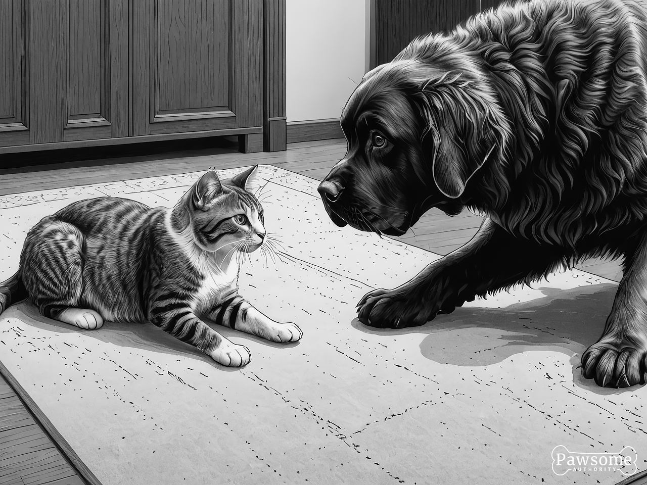 A grayscale illustration of a Newfoundland socializing with a cat on a rug in a living room.