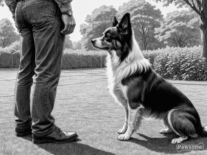 A grayscale illustration of a Papillon beside its owner during an obedience training session in a yard on a sunny day.