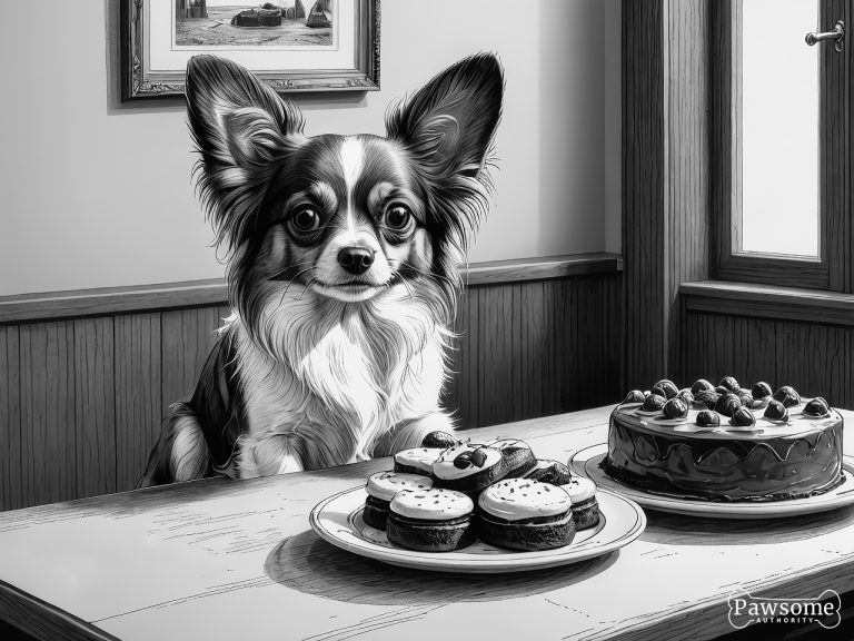 A grayscale illustration of a Papillon demonstrating focus and impulse control in the presence of delectable sweets.