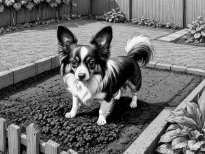 A grayscale illustration of a Papillon digging a hole in a garden on a bright and sunny day.