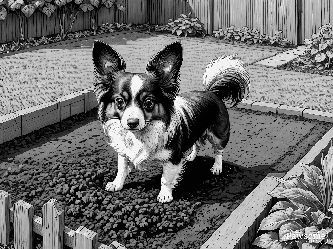 A grayscale illustration of a Papillon digging a hole in a garden on a bright and sunny day.