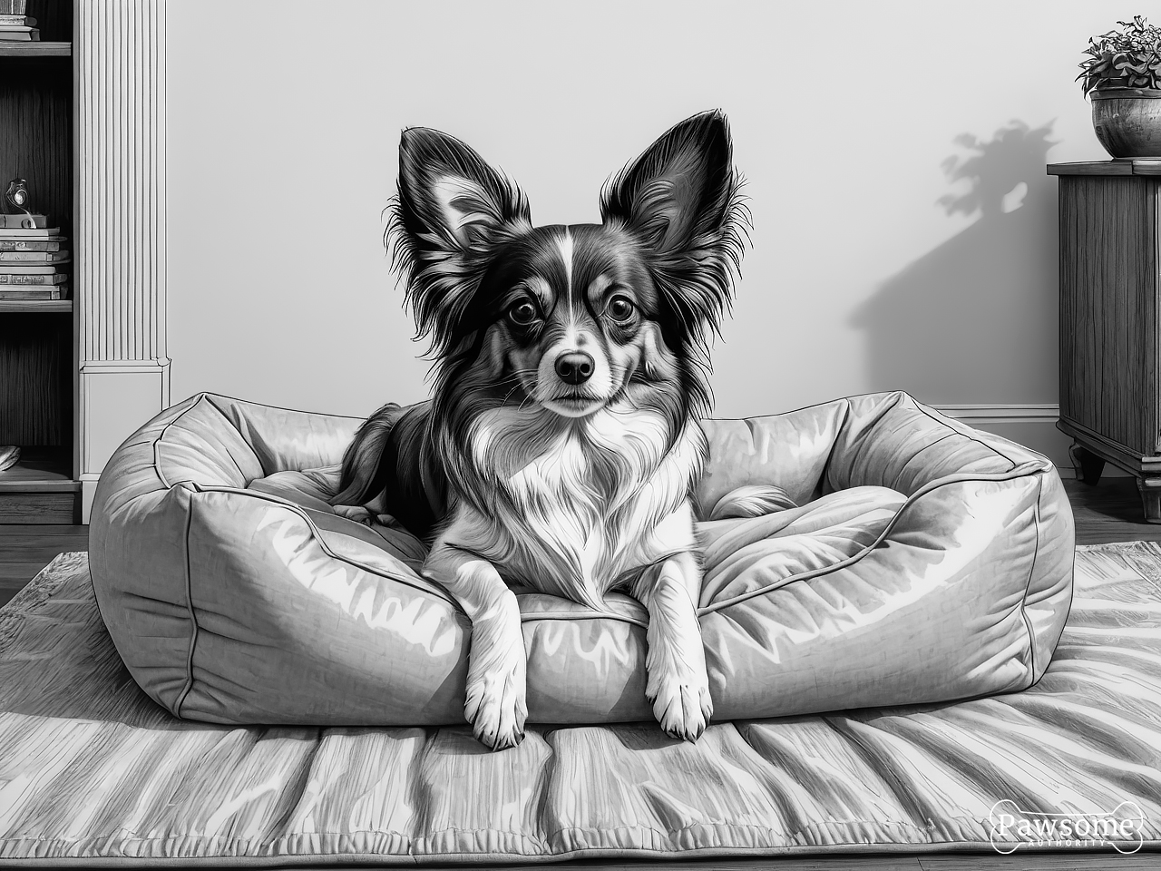 A grayscale illustration of a Papillon lying on a dog bed in a living room looking at the viewer.