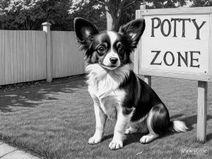 A grayscale illustration of a Papillon puppy sitting in a designated potty area in a yard with a sign that reads “Potty Zone”.