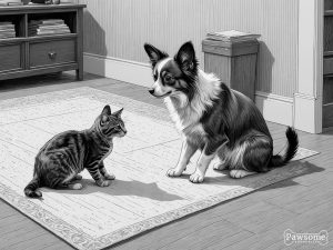 A grayscale illustration of a Papillon socializing with a cat on a rug in a living room.