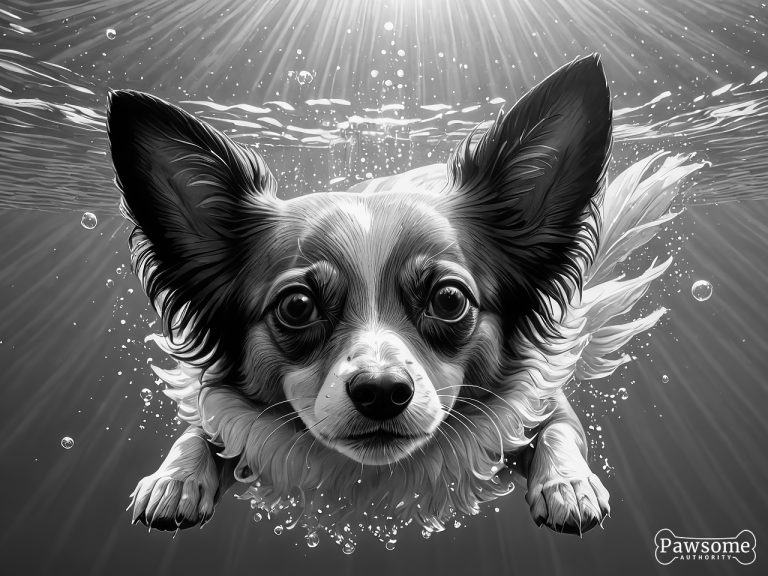 A grayscale illustration of a Papillon swimming underwater on a bright and sunny day with light rays piercing through.