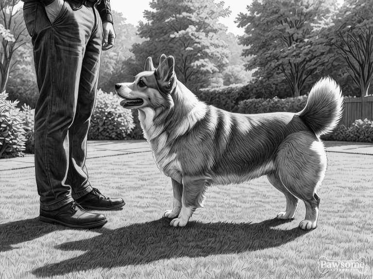 A grayscale illustration of a Pembroke Welsh Corgi beside its owner during an obedience training session in a yard on a sunny day.