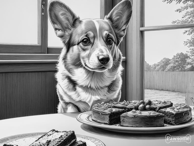 A grayscale illustration of a Pembroke Welsh Corgi demonstrating focus and impulse control in the presence of delectable sweets.