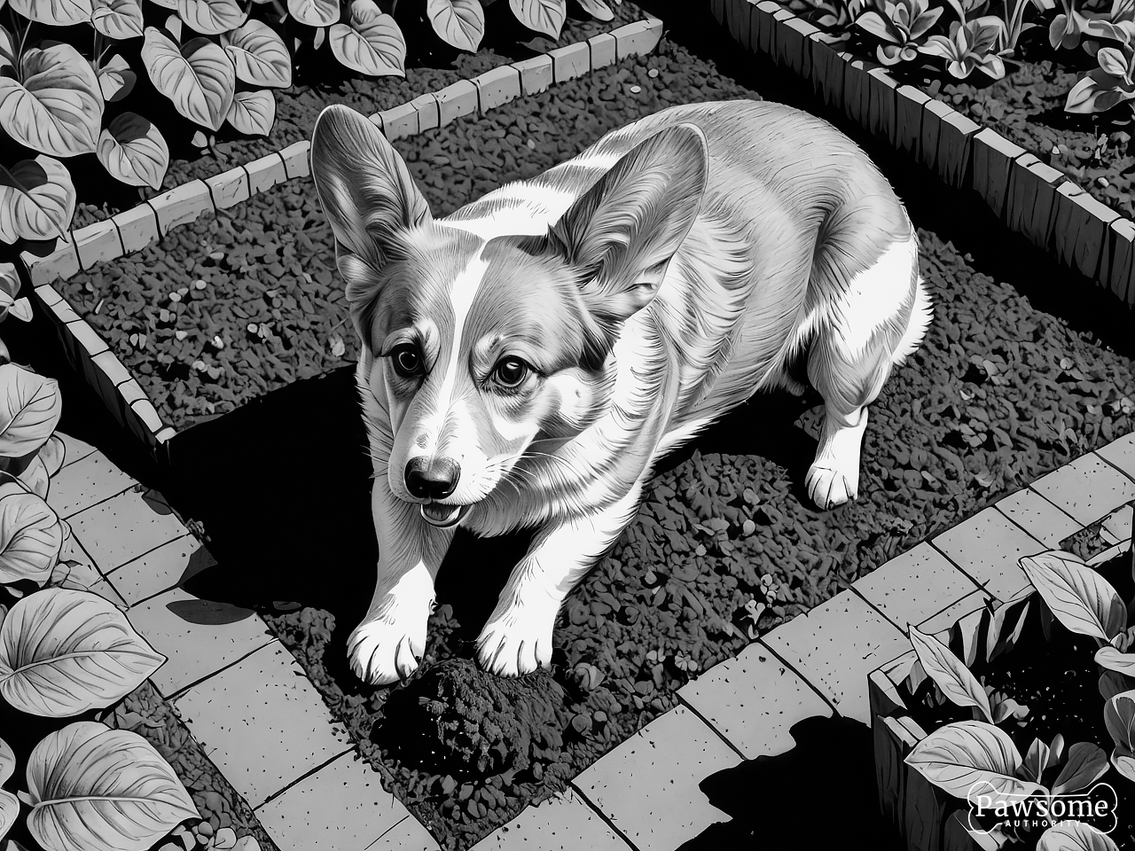 A grayscale illustration of a Pembroke Welsh Corgi digging a hole in a garden on a bright and sunny day.