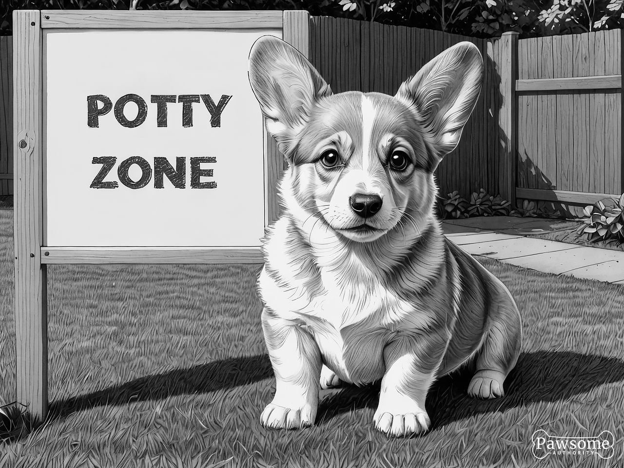 A grayscale illustration of a Pembroke Welsh Corgi puppy sitting in a designated potty area in a yard with a sign that reads “Potty Zone”.