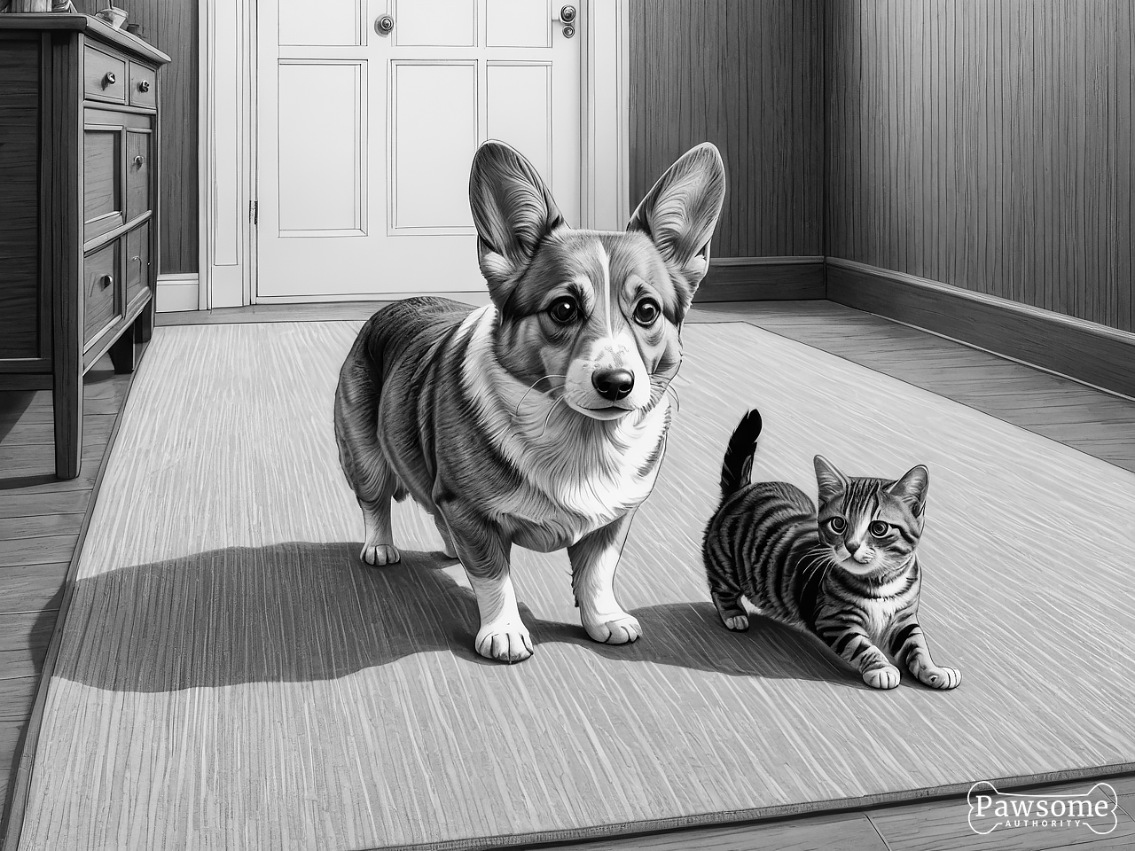 A grayscale illustration of a Pembroke Welsh Corgi socializing with a cat on a rug in a living room.