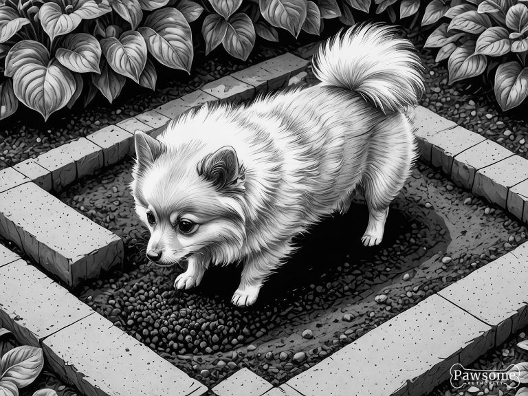 A grayscale illustration of a Pomeranian digging a hole in a garden on a bright and sunny day.