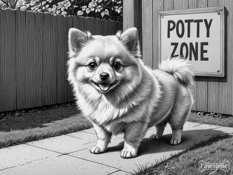 A grayscale illustration of a Pomeranian puppy sitting in a designated potty area in a yard with a sign that reads “Potty Zone”.