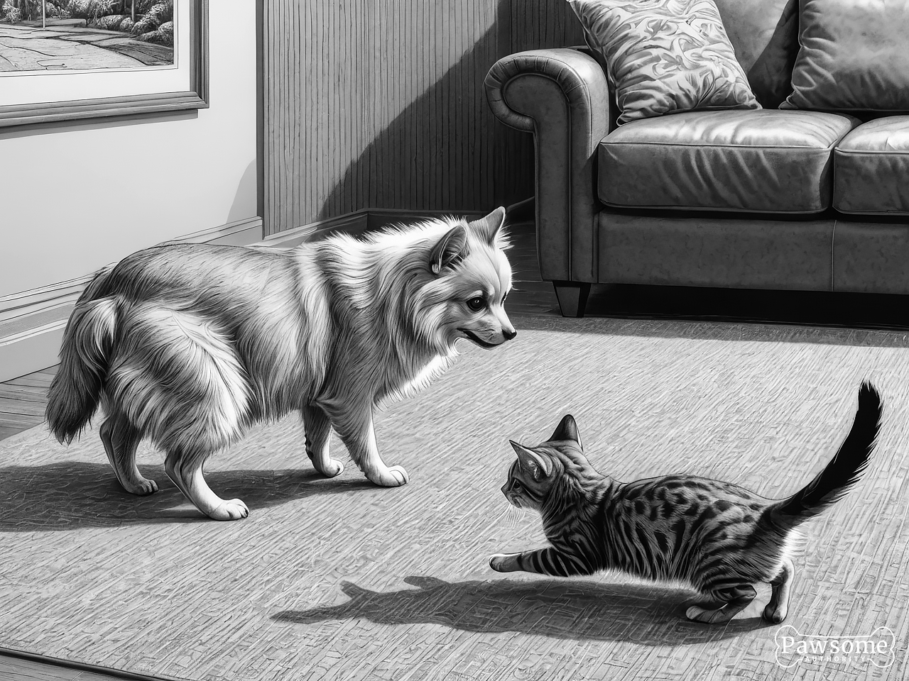 A grayscale illustration of a Pomeranian socializing with a cat on a rug in a living room.