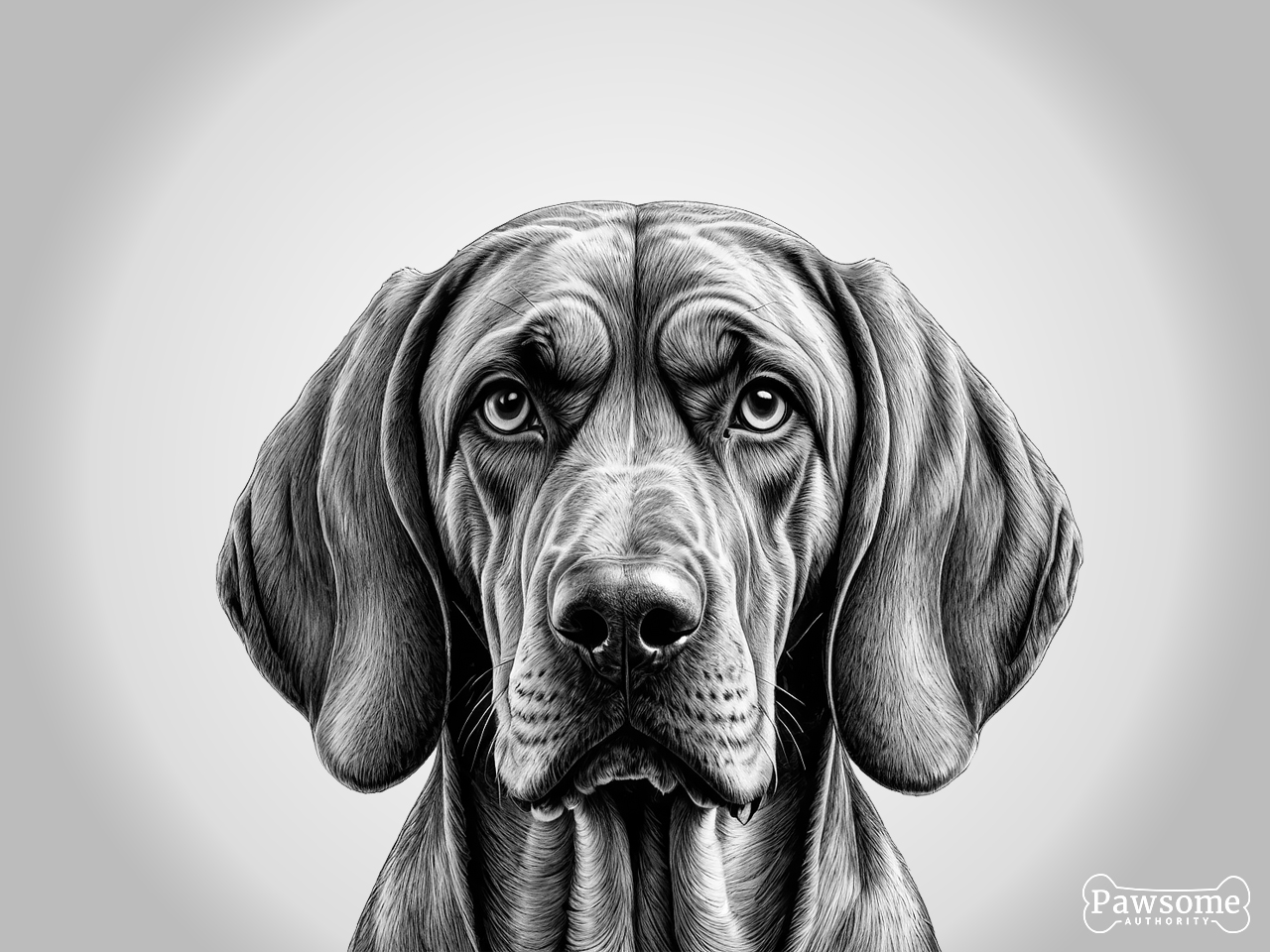 A grayscale portrait of a Bloodhound looking at the viewer.