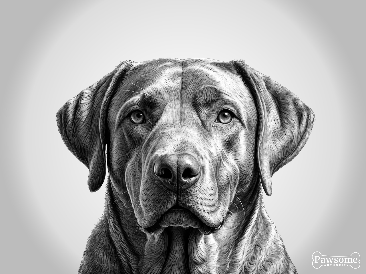 A grayscale portrait of a Chesapeake Bay Retriever looking at the viewer.