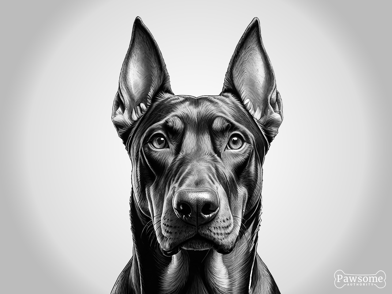 A grayscale portrait of a Doberman Pinscher looking at the viewer.