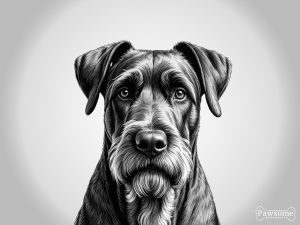 A grayscale portrait of a Giant Schnauzer looking at the viewer.