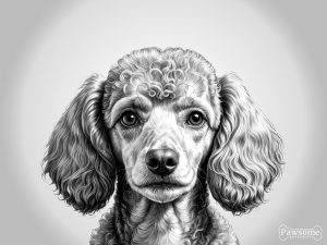 A grayscale portrait of a Miniature Poodle looking at the viewer.