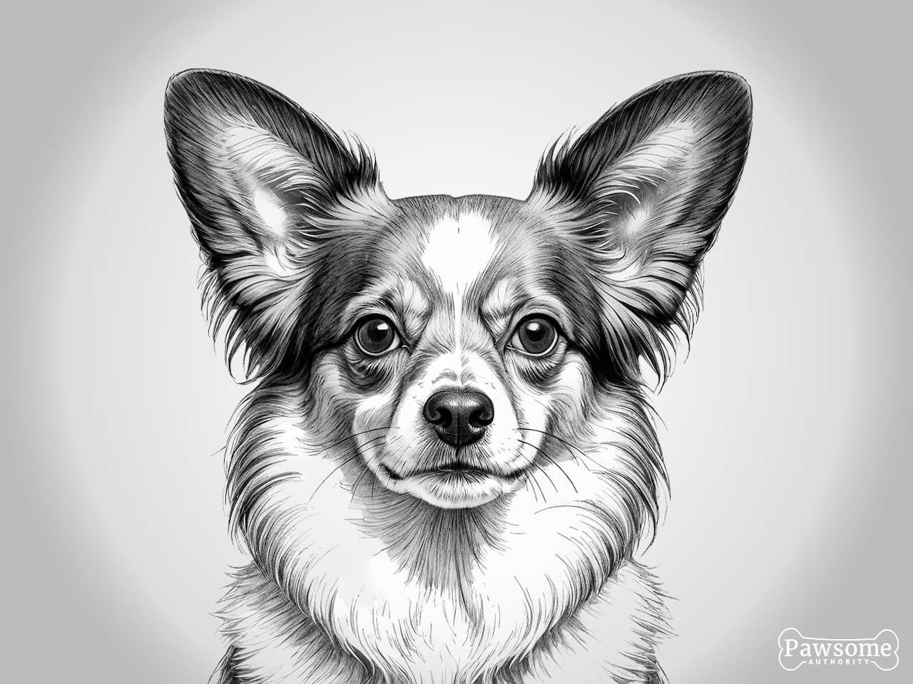 A grayscale portrait of a Papillon looking at the viewer.