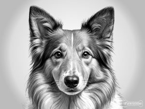 A grayscale portrait of a Shetland Sheepdog looking at the viewer.