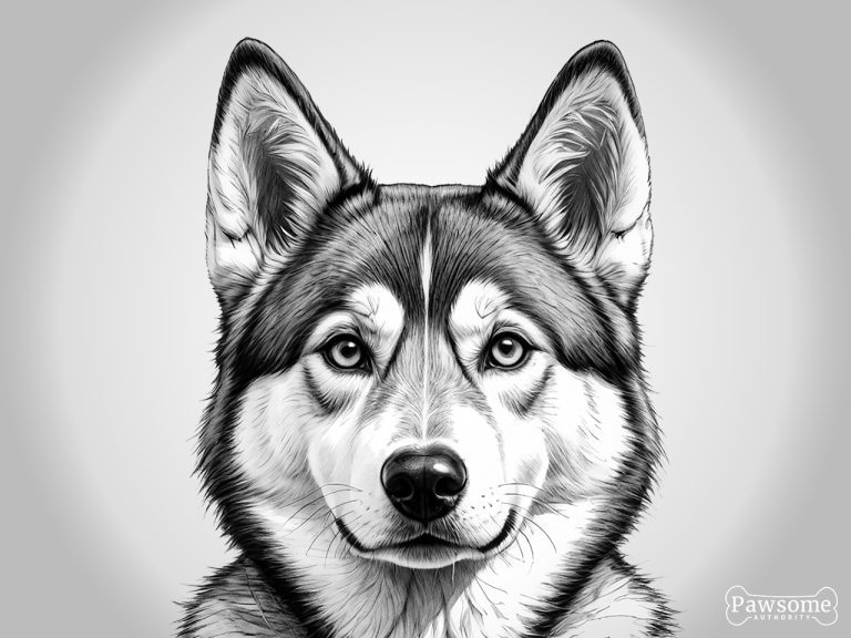 A grayscale portrait of a Siberian Husky looking at the viewer.
