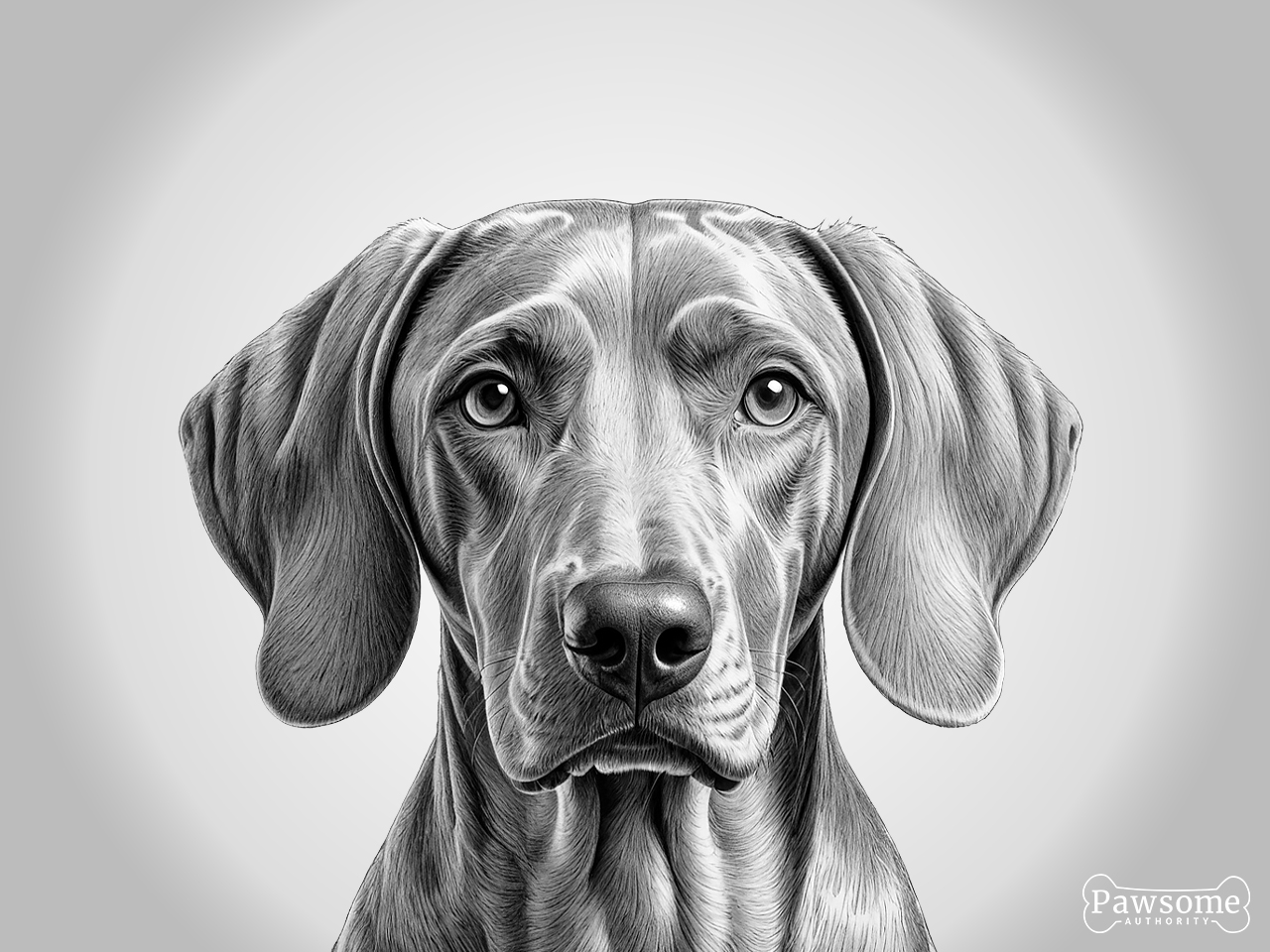 A grayscale portrait of a Weimaraner looking at the viewer.