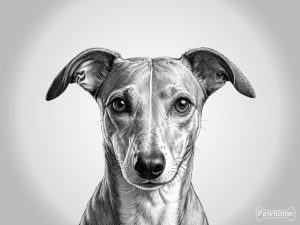 A grayscale portrait of a Whippet looking at the viewer.