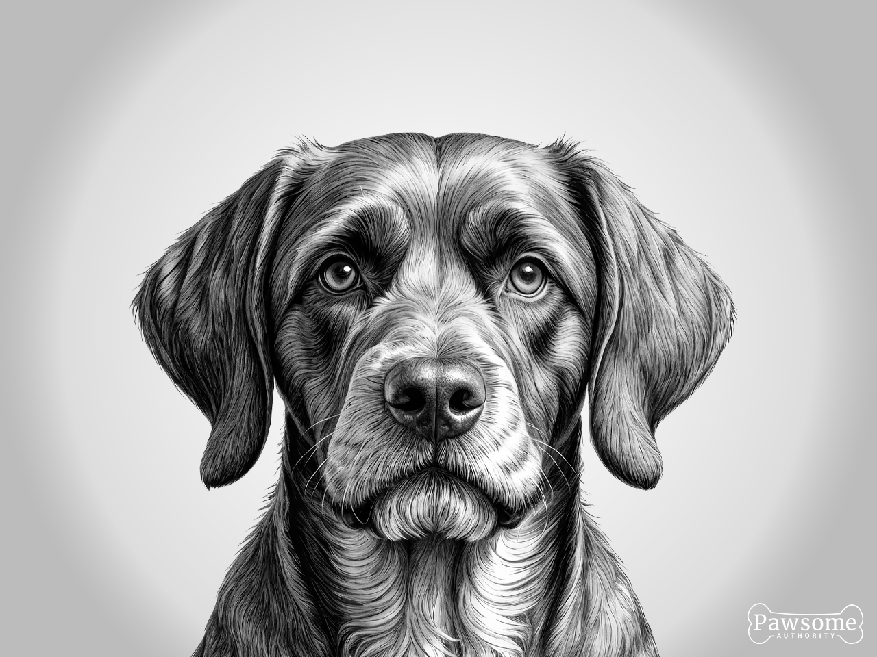 A grayscale portrait of a Wirehaired Pointing Griffon looking at the viewer.