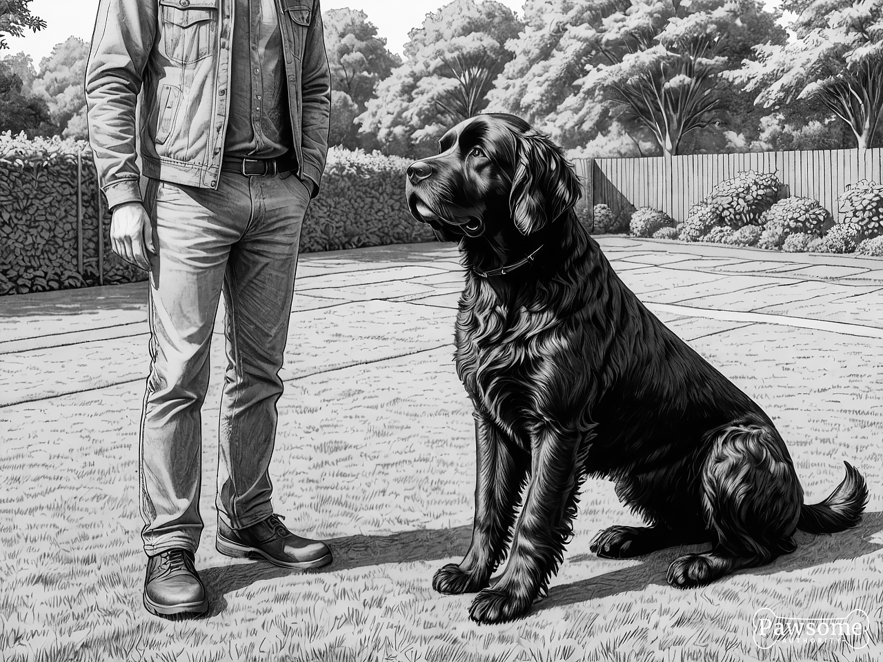 A grayscale illustration of a Portuguese Water Dog beside its owner during an obedience training session in a yard on a sunny day.