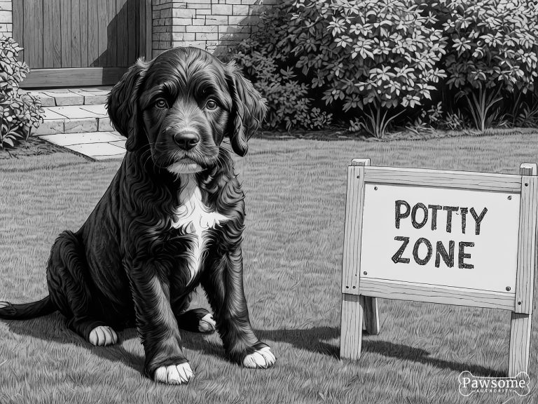 A grayscale illustration of a Portuguese Water Dog puppy sitting in a designated potty area in a yard with a sign that reads “Potty Zone”.