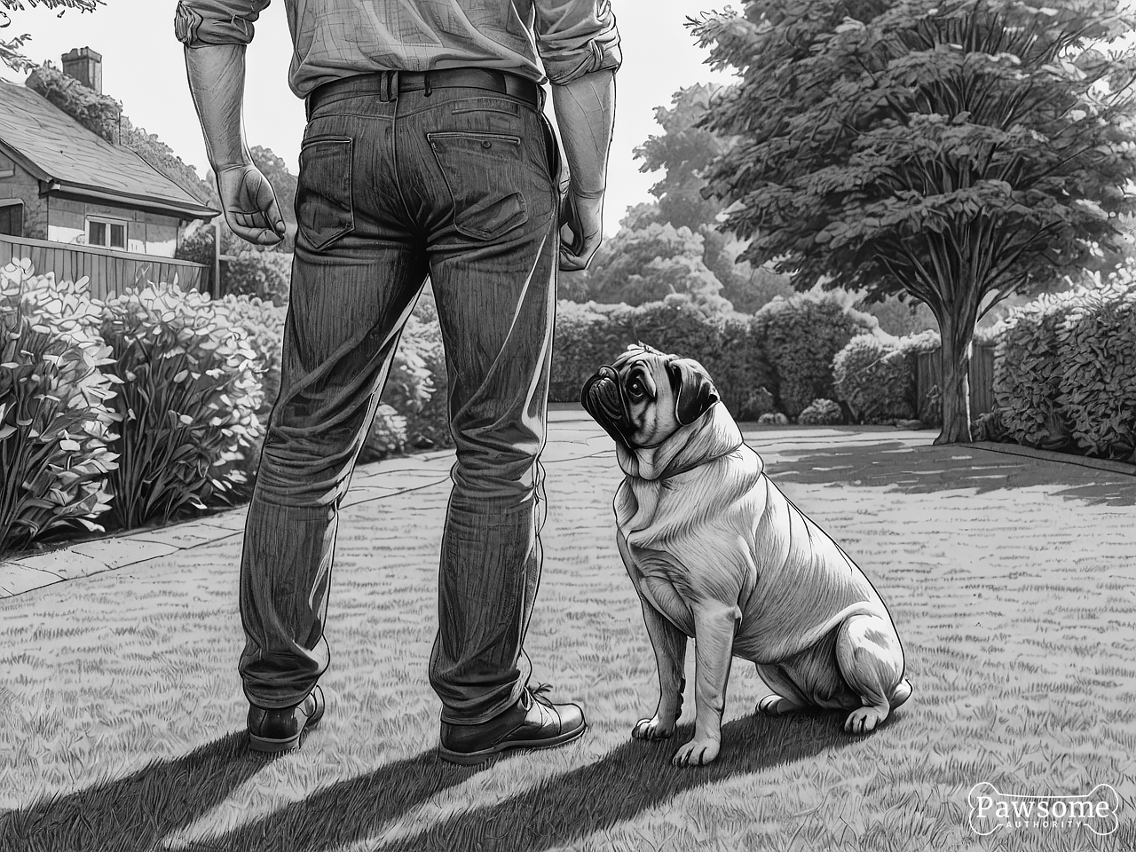 A grayscale illustration of a Pug beside its owner during an obedience training session in a yard on a sunny day.