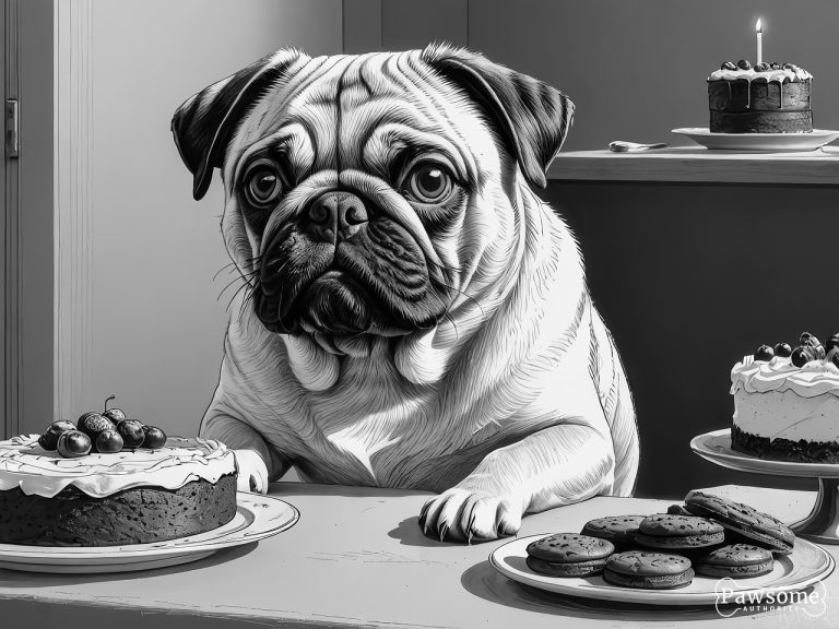 A grayscale illustration of a Pug demonstrating focus and impulse control in the presence of delectable sweets.