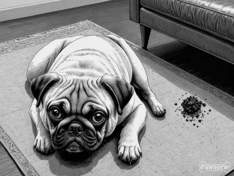 A grayscale illustration of a Pug puppy sitting in a designated potty area in a yard with a sign that reads “Potty Zone”.