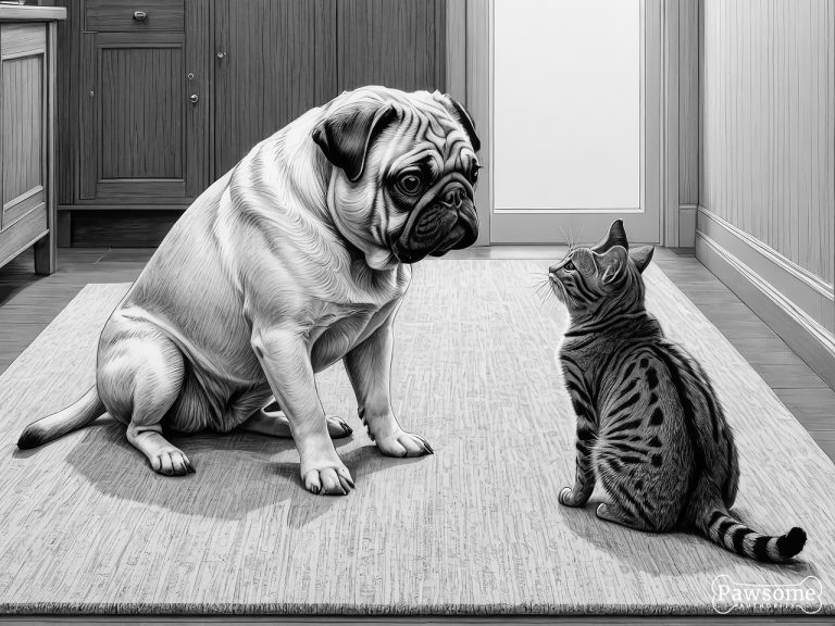 A grayscale illustration of a Pug socializing with a cat on a rug in a living room.