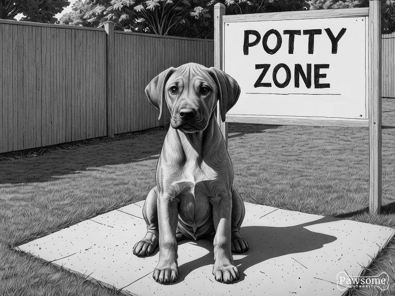 A grayscale illustration of a Rhodesian Ridgeback puppy sitting in a designated potty area in a yard with a sign that reads “Potty Zone”.