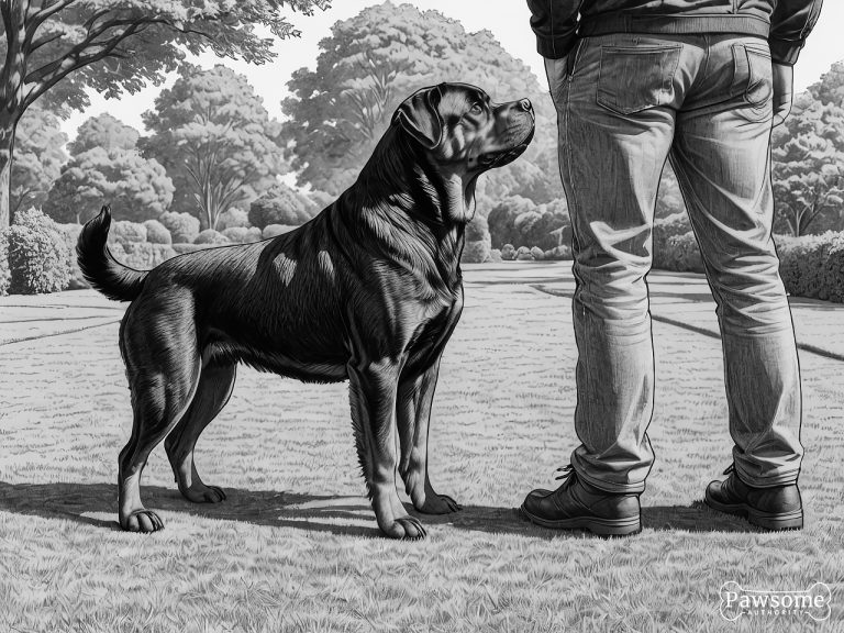 A grayscale illustration of a Rottweiler beside its owner during an obedience training session in a yard on a sunny day.