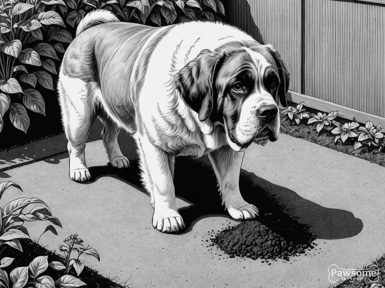 A grayscale illustration of a Saint Bernard digging a hole in a garden on a bright and sunny day.